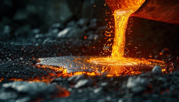 Photo stone pouring from molten metal in a steel factory generate ai image