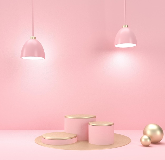 Stone product display podium with pink lamp on the pink wall 3d rendering