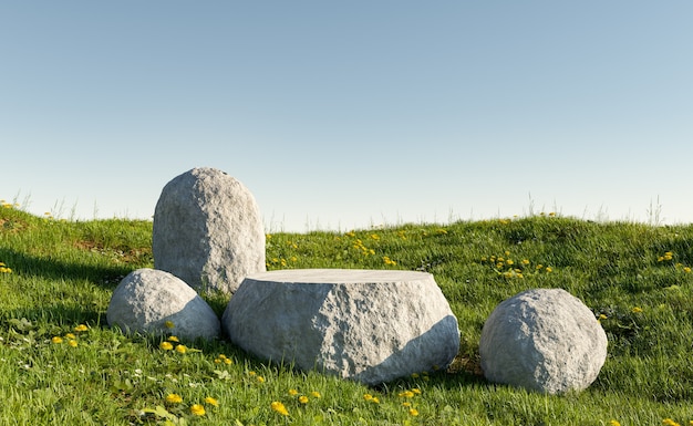 stone product display stand in green meadow