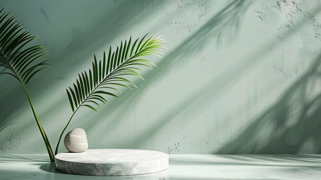 Stone product podium with tropical palm leaf on green wall background Botanical mock Generative AI