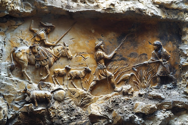 a stone relief with a man and a woman holding a spear and a sword