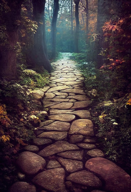 Stone road in autumn forest background