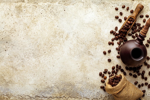 Stone rough background with turkish coffee composition concrete tabletop with copy space and scatter