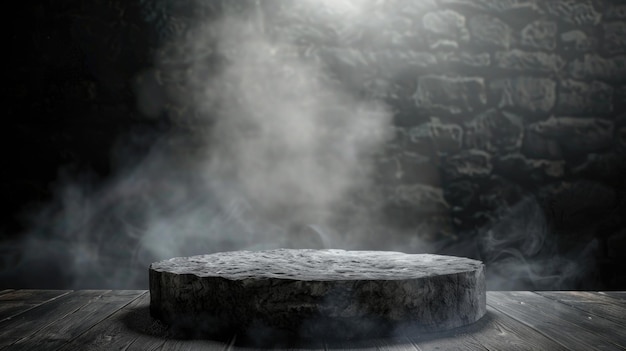 A stone round podium with fog wooden floor smoke