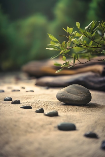 A stone on the sand with a tree in the background