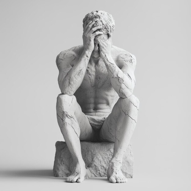 Photo stone sculpture of man sitting with hands on face