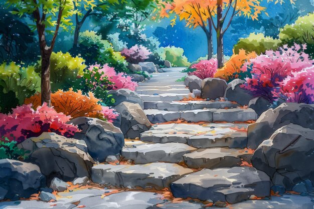 Photo stone staircase leading upwards through lush garden in watercolor painting