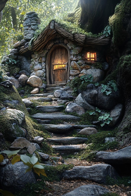 Photo stone stairway leads to enchanting fairy house with glowing windows in a tree trunk in a magical forest