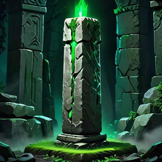 a stone statue with a green light on it and a green light on the top