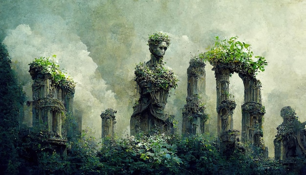 Stone statues ruins with ivy concept art illustration