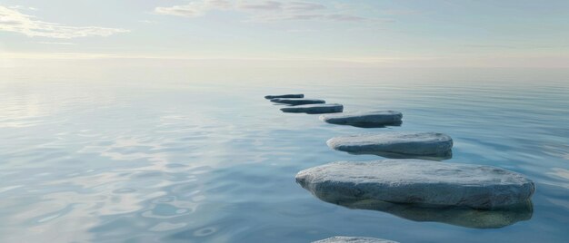 Photo stone steps lead into a calm vast body of water creating a serene and meditative atmosphere