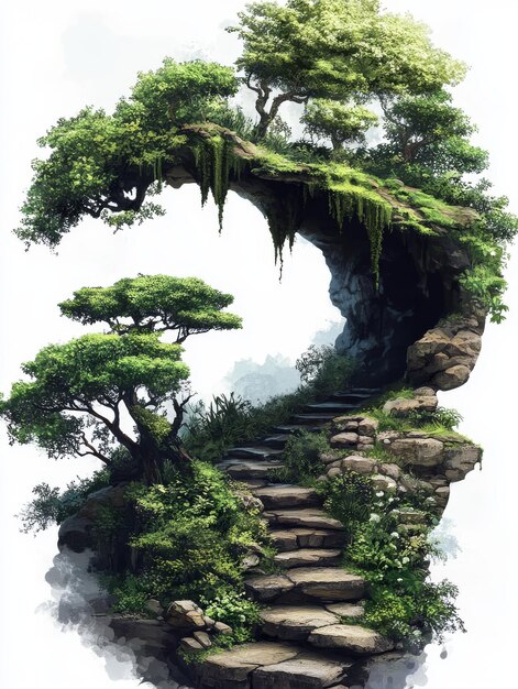 Stone Steps Leading Up to a Lush Green Cliff