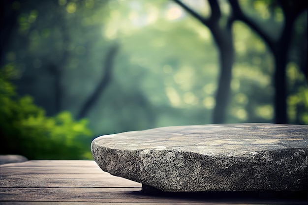 A stone on a table with a green background