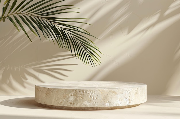 Stone Textured Podium with Palm Leaf Shadow for Product Showcase