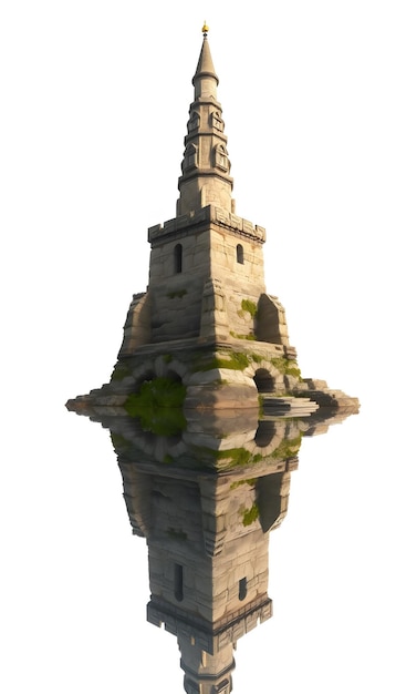 Photo stone tower reflected in rendered wate isolated with white highlights