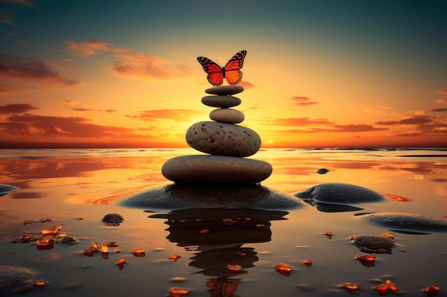 Stone Tower On The Sand With Butterfly At Sunset Spa Generative AI