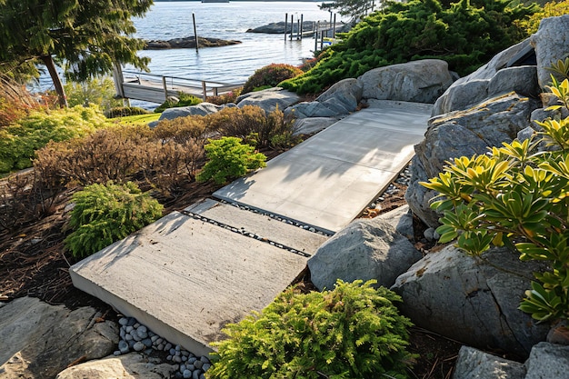 Stone walkway in the Japanese garden with green bushes and trees