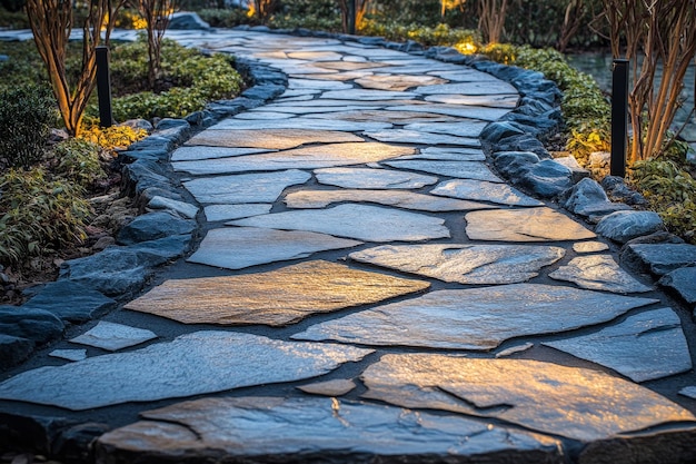 Photo stone walkway landscape design tranquil evening ambience with modern lights illuminating the path