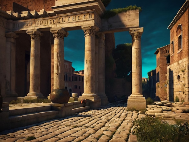 a stone walkway with columns and a sign saying  electric