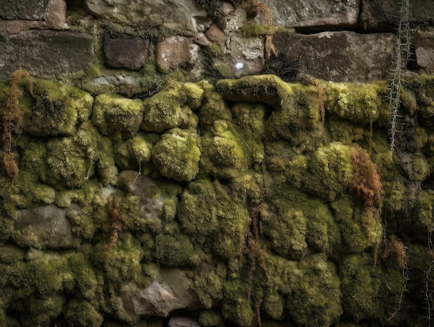 A stone wall covered in moss and moss.