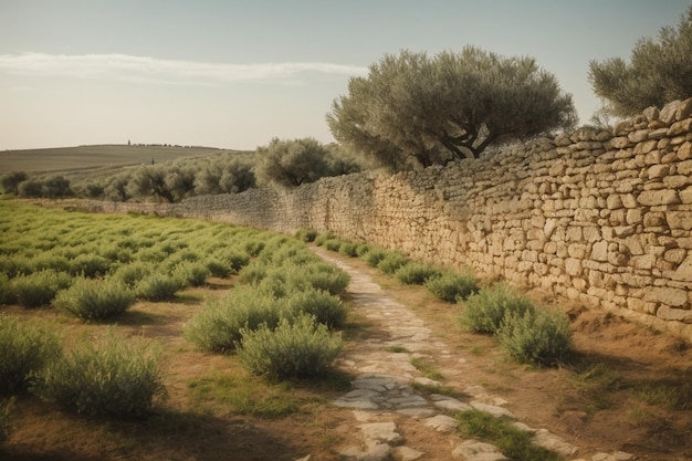 Stone wall made of raw stone border on plots of land in an olive grove background idea ar c