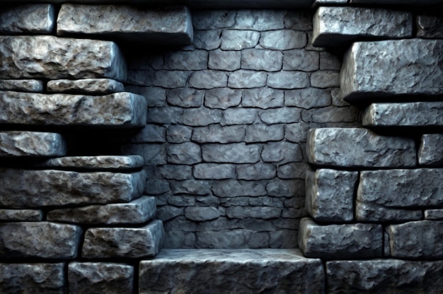 a stone wall with a dark background and a dark stone wall with a light shining through it