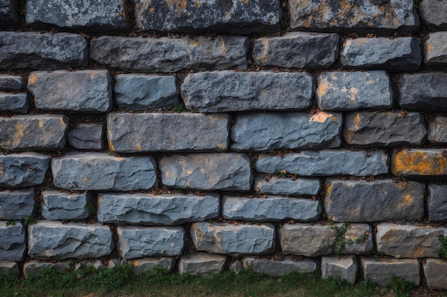 A stone wall with a green grass in the background