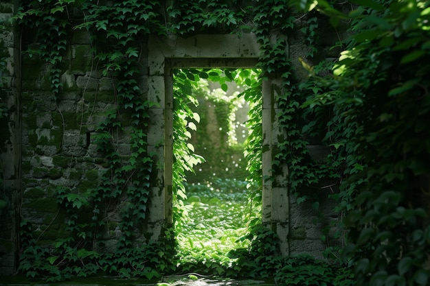 Stone Wall With Green IvyCovered Doorway