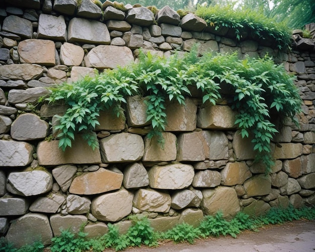 a stone wall with plants growing on it and a brick wall with a plant growing through it