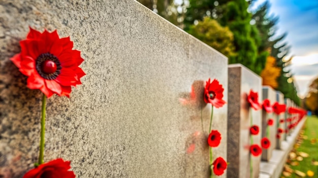 Photo a stone wall with red flowers and a stone bench with the words  poppies  on it