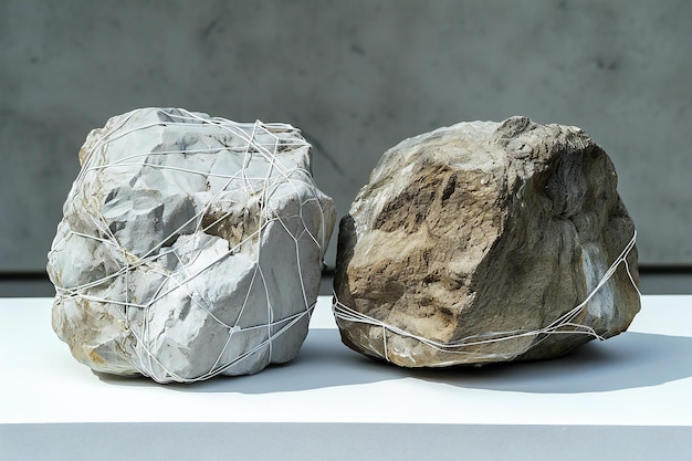 Stone with wire on the white table in modern room stock photo