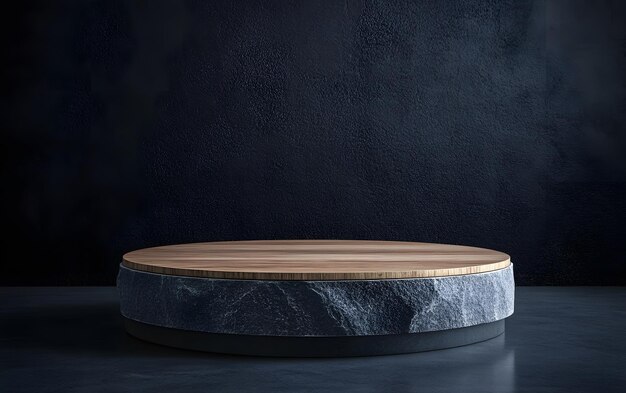 Photo stone and wood podium on a dark background