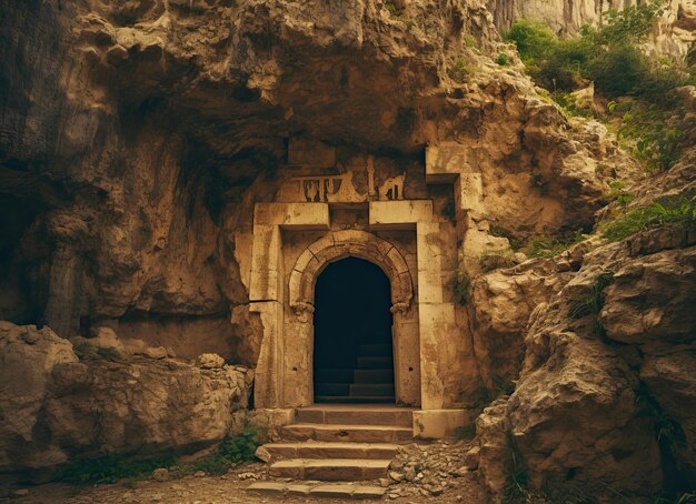 Photo a stonedout cave with large open doorway leading to a stone archway in the style of retro filters