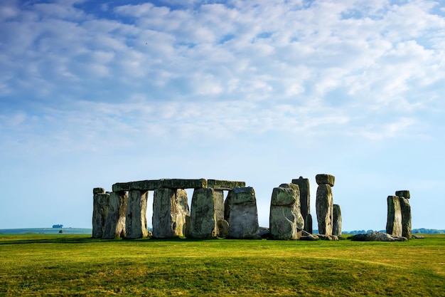 Stonehenge in Wiltshire in the Great Britain in cloudy weather. It is a prehistoric monument, in Wiltshire in South West England. It is under protection of UNESCO.