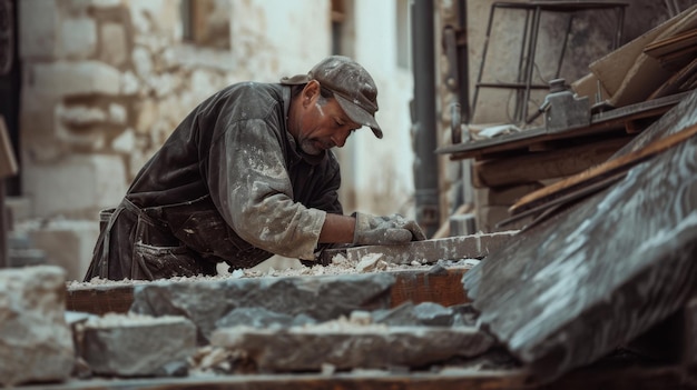 Photo stonemason at work in historic building national geographicstyle photo