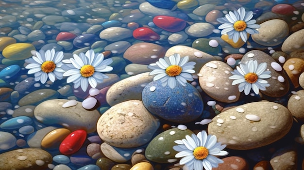 Stones and daisies on the pebble beachgenerative ai