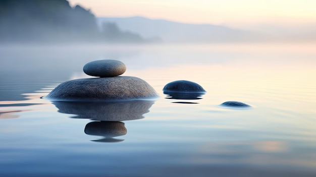 Stones on a lake with a foggy background