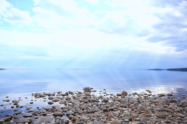 stones lakeside landscape coast view