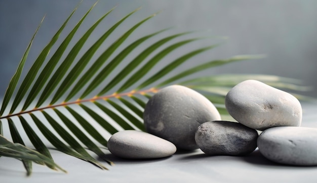 Stones and palm leaves on solid background