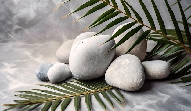 Stones and palm leaves on solid background