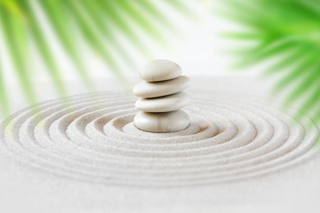 Stones pile in the sand behind palm leaves. Zen japanese garden