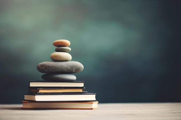 Stones pyramid on books on the table copy space education concept