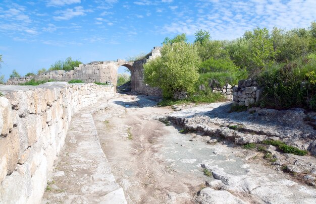 Stony road view in Chufut Kale ancient cave settlement 