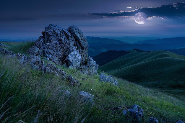 Photo stony structure on a verdant slope gorgeous view of runa mountain during the summer night under a full moon whereabouts mountains of carpathian ukraine generative ai