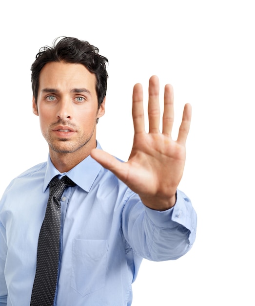 Stop right there Studio shot of a young businessman showing a stop gesture