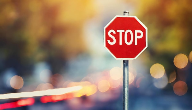 Stop road sign Red octagon with white lettering Blurred bokeh on background