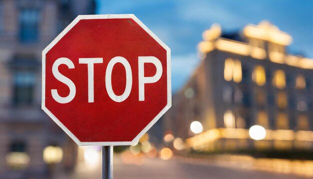 Stop road sign Red octagon with white lettering Blurred bokeh on background