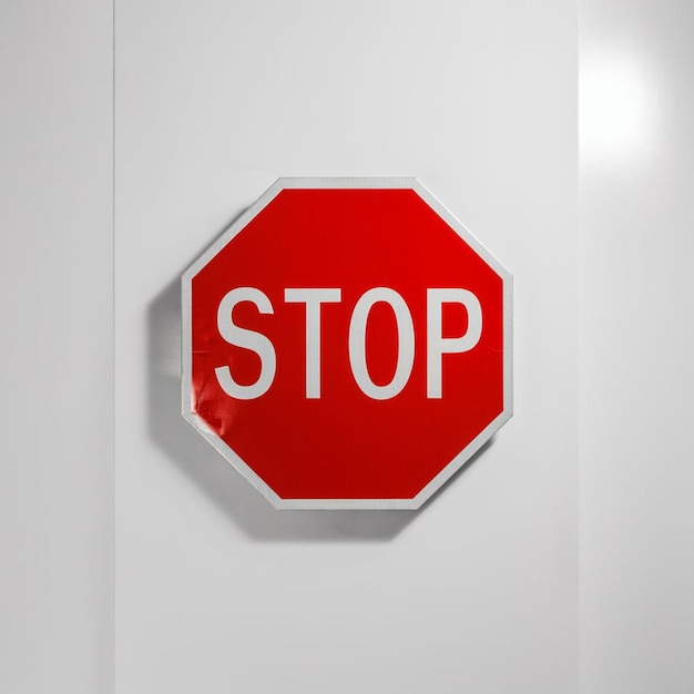 a stop sign is hanging on a white wall