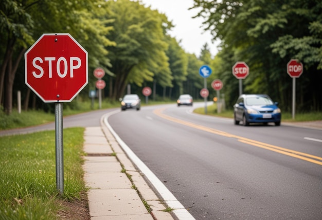 Photo a stop sign is on the side of the road and the other signs are in the grass