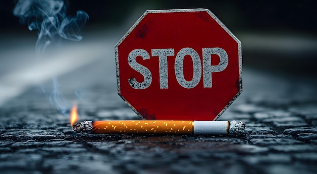 Stop Smoking Sign with Burning Cigarette AntiSmoking Campaign and Health Awareness